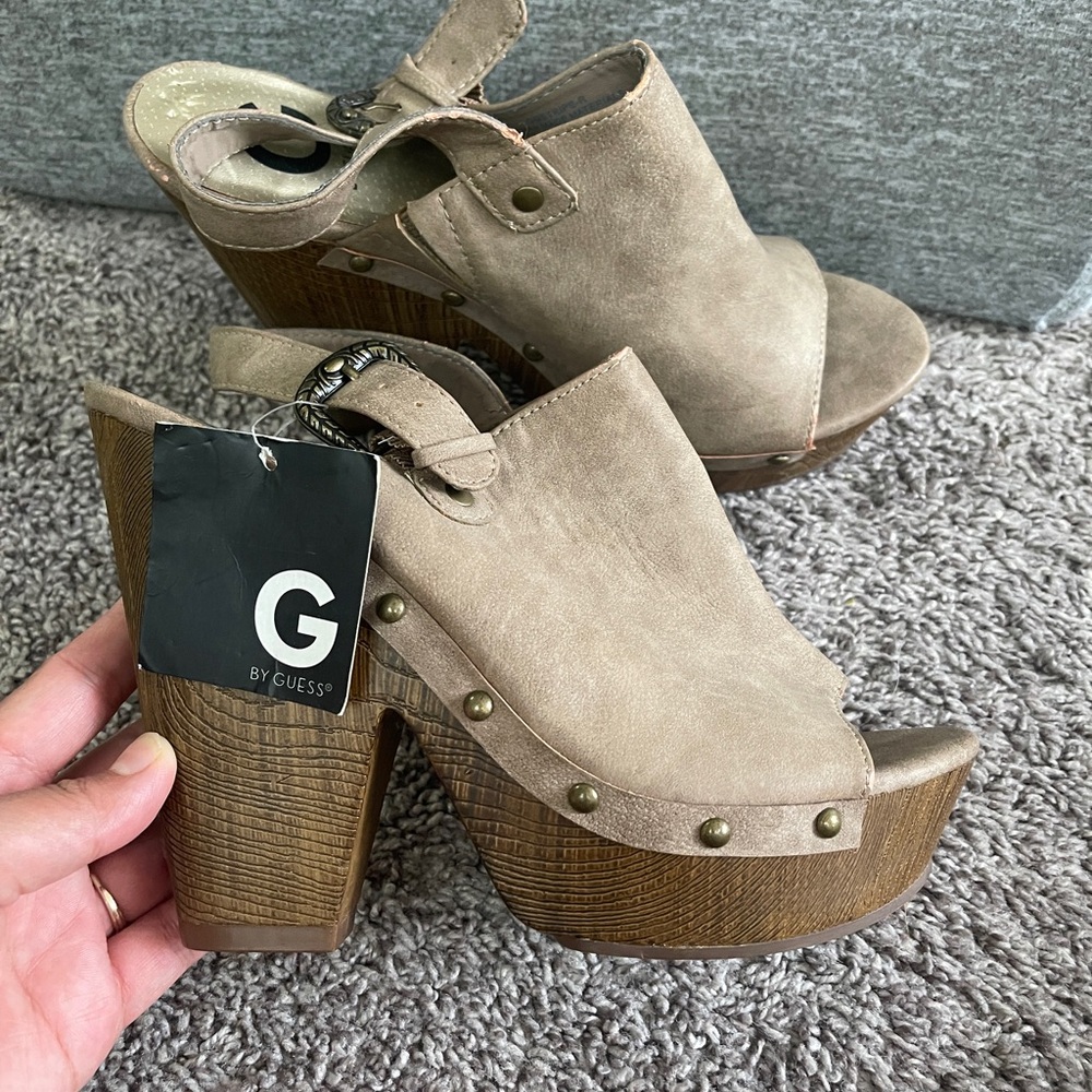 Guess Tan Suede Mules with Block Heel